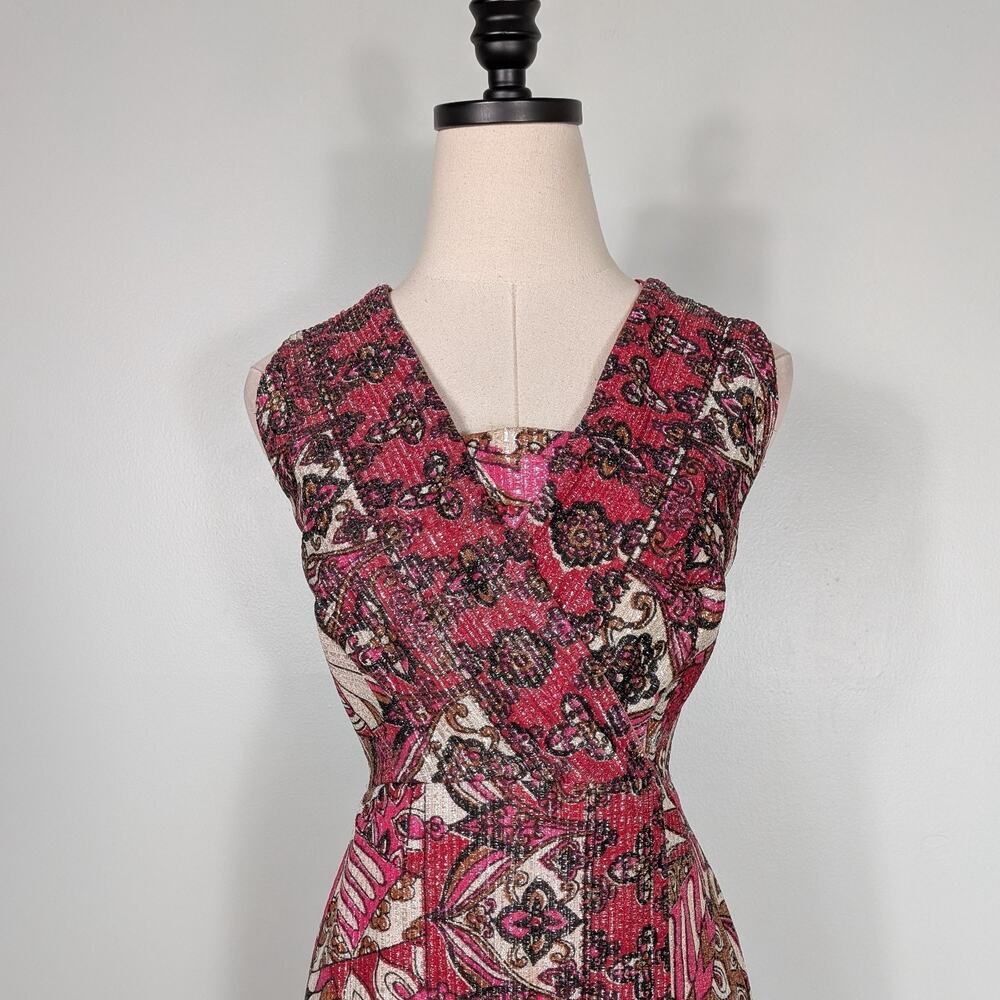 Vintage 60s Maxi Dress Gown Pink Metallic Evening 70s Glam Prom Formal Empire - Picture 1 of 14